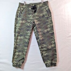 Kiss & Cry Joggers Womens XL Green Camo Zipper Pockets Cotton Canvas